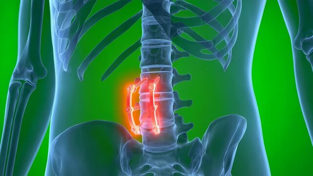 X-ray image showing human spinal column with metal implant fusion, detailed vertebrae alignment, medical radiography illustrating back pain treatment, orthopedic surgery concept, 4K video