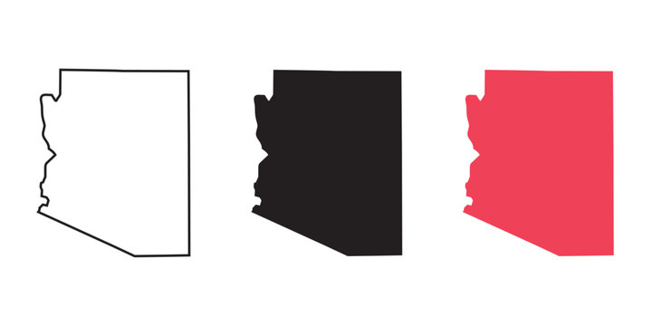 Arizona state map vector set, outline, black solid, and red silhouette isolated