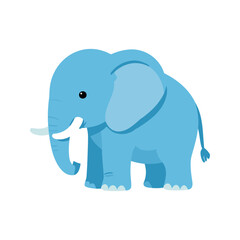 Fototapeta premium Stylized light blue elephant stands on a white background, featuring large ears, tusks, and a curly tail in a simple design.