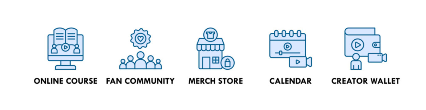 Creator Economy web icon illustration concept with icon of online course, fan community, merch store, calendar, and creator wallet