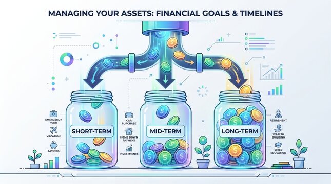 Financial goals infographic showing coin sorting into savings jars