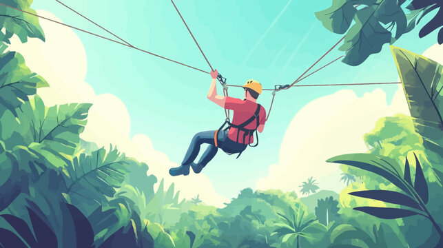 A person ziplines through a green jungle under a bright blue sky, adventure awaits