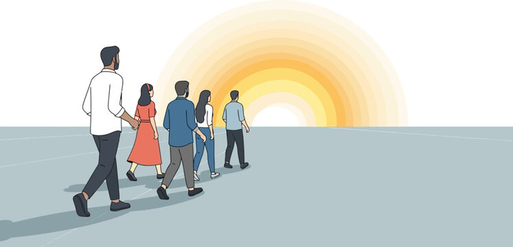 Group of diverse people walking together towards a bright horizon.
