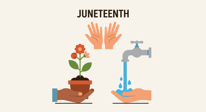 Juneteenth celebration illustration with hands holding plants and water representing growth