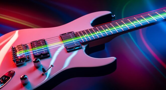 Dynamic close up of an electric guitar with glowing neon reflections and artistic motion blur during a fast paced musical performance, equipment, nightlife, electronic