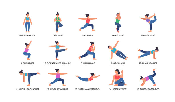 Women performing yoga poses illustrated on white background
