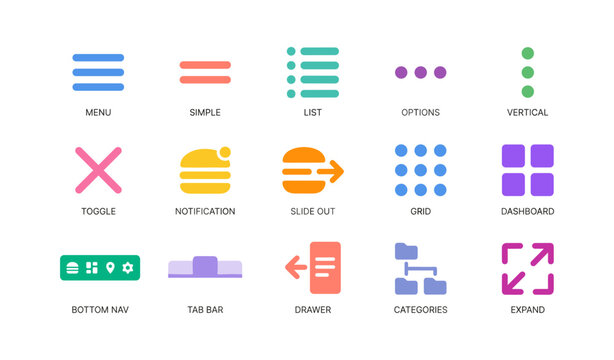 Set of colorful interface icons showing menu and nav
