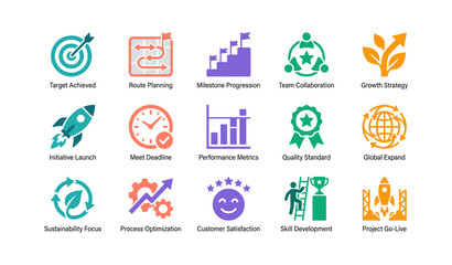 Fototapeta premium Business and project icons showing goals progress on white background