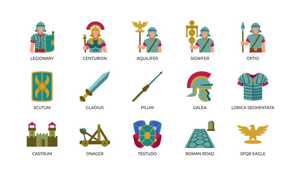 Roman military icons showing soldiers weapons and emblems on white