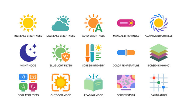 Display icons showing brightness and screen settings on background
