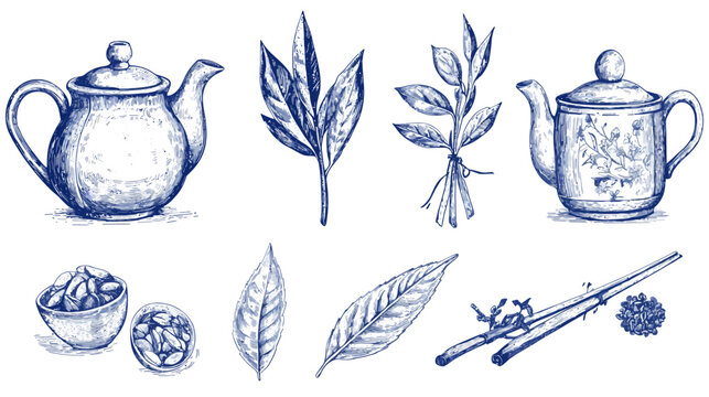 Hand-drawn elements of tea ceremony. Teapots, leaves, nuts, and sticks with a white background