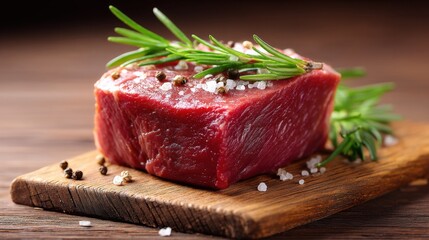 Fototapeta premium Fresh Raw Red Meat with Sea Salt and Rosemary on Wooden Cutting Board for Culinary Delights and Gourmet Recipes Preparation
