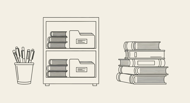 Hand drawn office supplies set with bookshelves and stack of books.