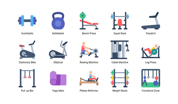 Gym equipment icons arranged in rows on white background
