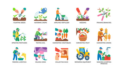 Fototapeta premium Agricultural tasks icons illustrating farming activities on white