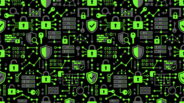 Seamless pattern with cybersecurity locks, firewalls, and binary code, perfect for tech backgrounds, vector.