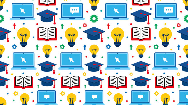Seamless pattern featuring colorful laptops, graduation caps, books, and lightbulbs, perfect for education, vector.