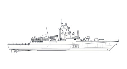 Naval Destroyer Line Drawing Vector Illustration © Kali