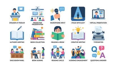 Fototapeta premium Presentation and reading icons arranged in education event grid
