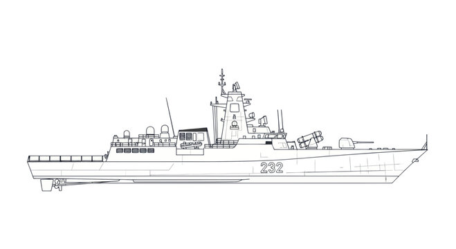 Naval Destroyer Line Drawing Vector Illustration
