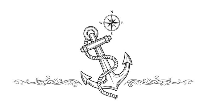 Vintage Nautical Anchor with Rope, Compass Rose, and Decorative Border Illustration in Black and White
