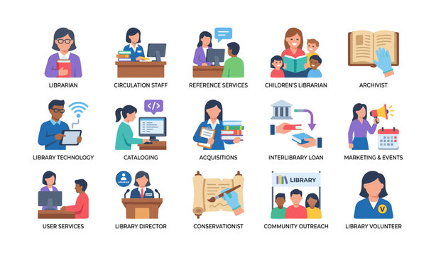 Library staff icons depicting roles and services in grid