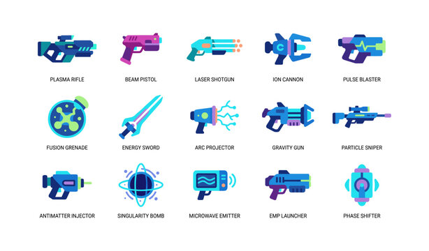 Futuristic weapon and gadget icons displayed on white grid