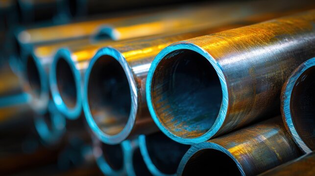 Shiny metallic pipes with a blue edge stacked in a row showcasing industrial manufacturing and engineering materials with reflective surfaces and warm lighting effec
