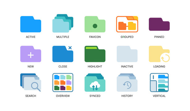 Folder icon set showing states and organization on white background