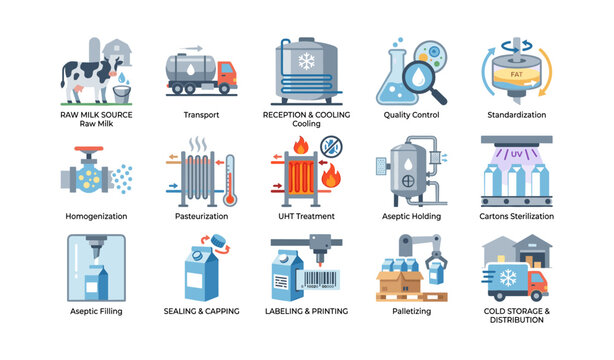 Milk processing stages illustrated in production workflow