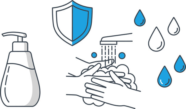 Line art illustration of hand washing with soap and water protection shield.