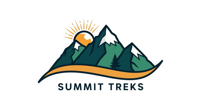 Vector logo design featuring mountain peaks and a rising sun for summit treks