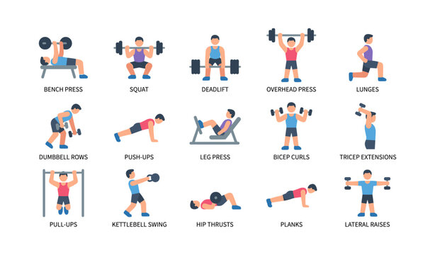 Strength exercise icons demonstrating weight moves in gym layout