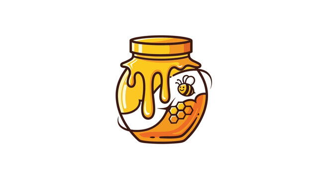 Cartoon illustration of an organic honey jar with a cute bee and honeycomb.