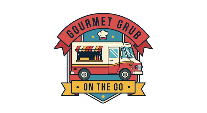 Vintage food truck logo illustration with gourmet grub text