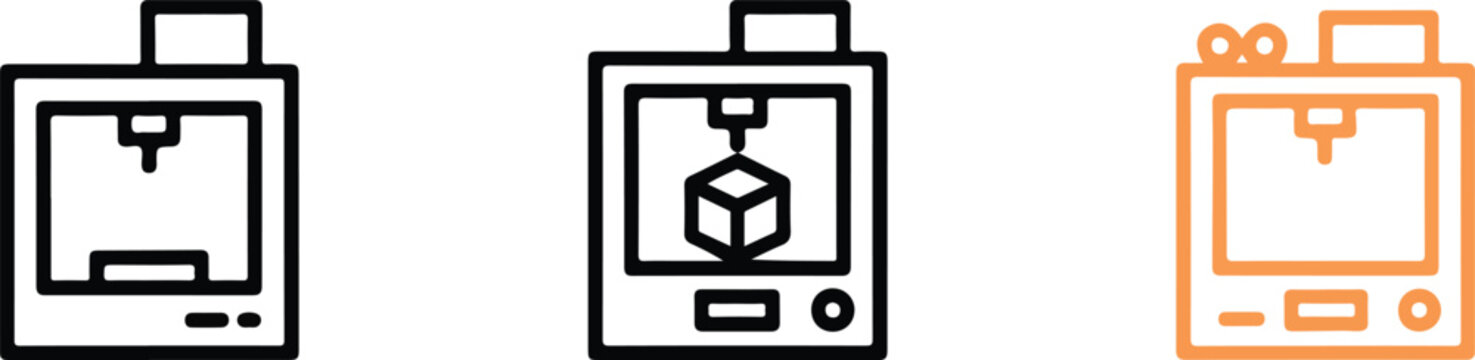 Set of three dimensional printing machine icons representing additive manufacturing rapid prototyping and industrial tech innovation for modern engineering projects.