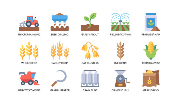 Crop production and farm machinery icons arranged in grid