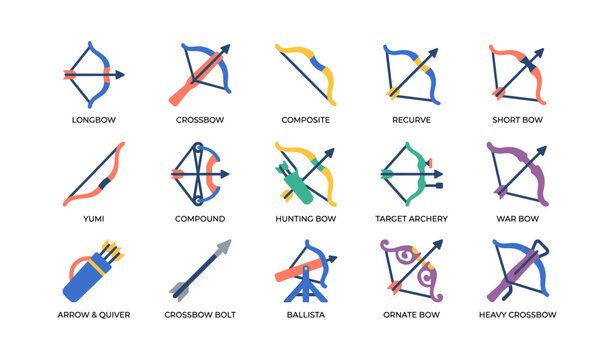 Archery and bow types icons displayed in grid on white background