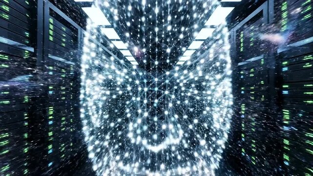 A vibrant, symmetrical digital artwork depicting a futuristic, glowing pathway surrounded by rows of server racks and illuminated panels