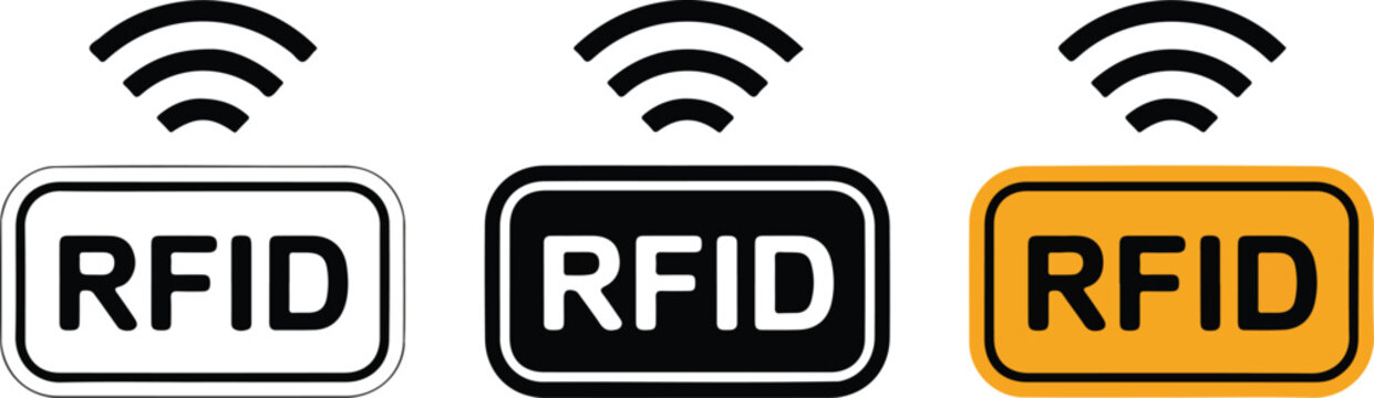 Set of RFID radio frequency identification icons with signal waves representing contactless technology wireless tracking and secure smart card data access systems.