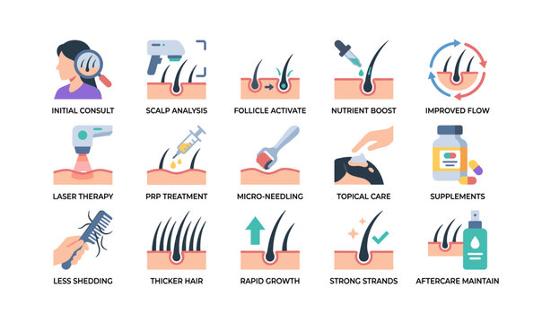 Hair restoration icons showing consult therapy and results