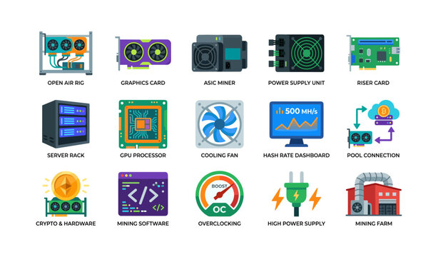 Cryptocurrency mining hardware and concept icons on white background