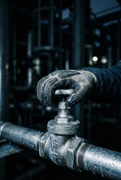 Industrial worker hand in protective glove turning a metal valve on a pipe