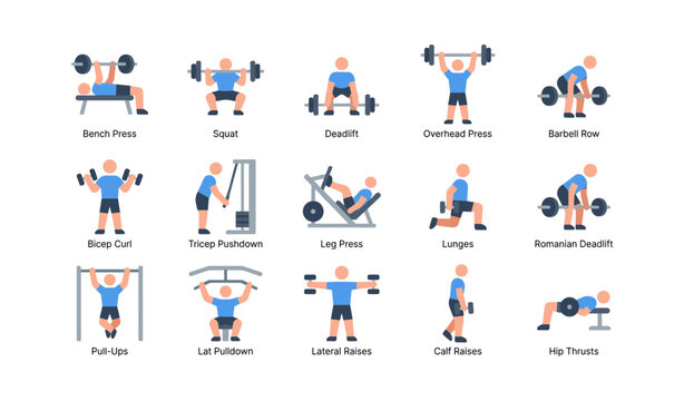 Gym exercise icons showing weightlifting movements on white background