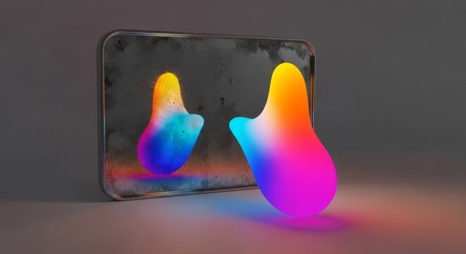 An aged shape in a silvered mirror reacts with a subtle delay to a smooth foreground form, highlighting a strange temporal shift in time, visual, surreal, lag