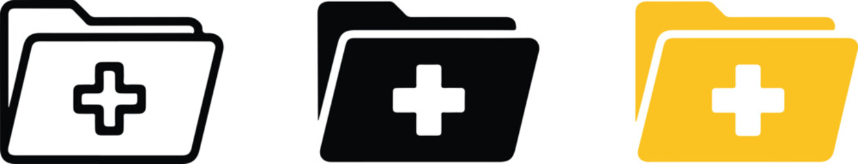 Obraz premium Set of medical folder icons with cross symbol representing digital health records patient data storage and clinical information management for healthcare systems.