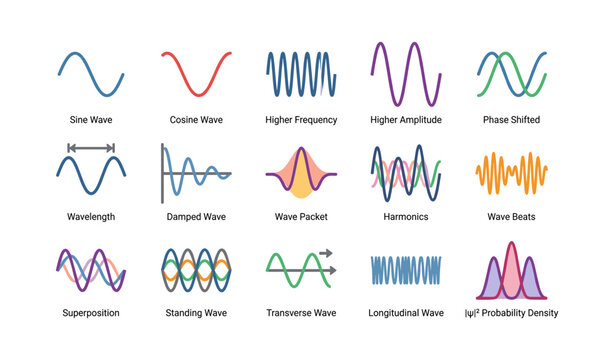 Multiple wave diagrams labeled to show wave concepts in grid