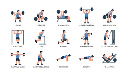 Fototapeta premium Exercise icons showing strength and bodyweight moves grid