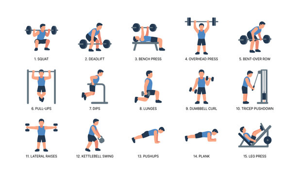 Exercise icons showing strength and bodyweight moves grid