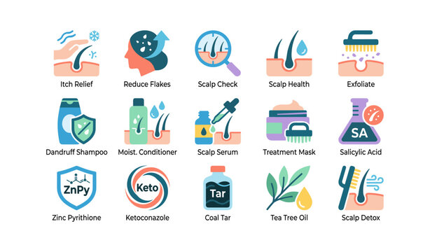 Scalp care product icons illustrating treatments and ingredients